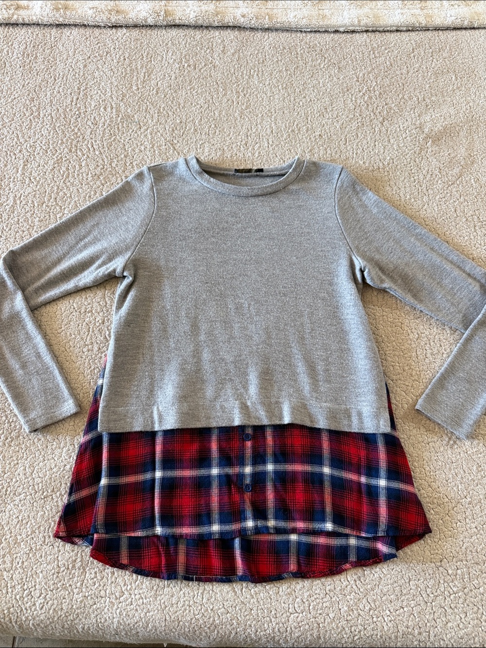THML Grey Knit Top with Red Plaid Hem Medium